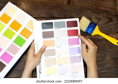 Hands Woman Holding A Color Palette, Guide Of Paint Samples Catalog With Yellow Blue Brush On Wood Table