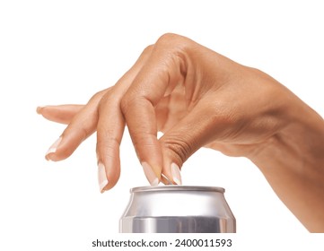 Hands, woman and open metal of cold drink, soda and fizzy cola product in studio on white background. Closeup, silver can and pull ring tab of tin container for liquid, alcohol and beer in packaging