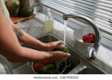 Hands of woman rinsing vegetables in kitchen sink - Powered by Shutterstock