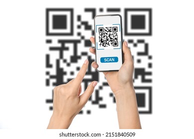 Hands of woman with smartphone scanning QR code on white background - Powered by Shutterstock