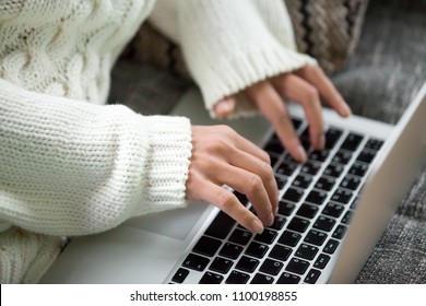 Hands Of Woman Typing On Keyboard, Teen Girl Working On Computer Searching Online, Commenting In Social Network, Using Application On Laptop, Chatting With Friend, Writing Post In Blog, Close Up View