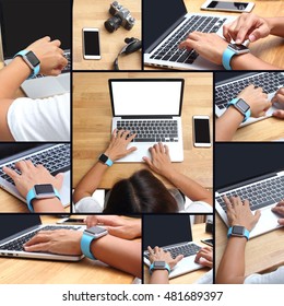Hands of woman wearing smartwatch on the keyboard of her laptop computer. Female working on laptop 