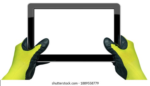 Hands With Work Gloves Holding A Blank Digital Tablet Isolated On White Background With Copy Space.