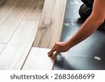 Hands of a worker positioning light laminate panels on insulating underlayment during apartment renovation, careful assembly of modern floating floor.