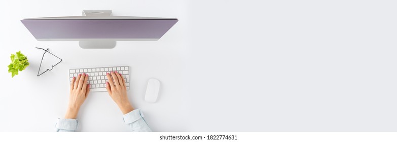 Woman’s Hands Working On Computer With Business Accessories On White Background. Office Desktop. Banner