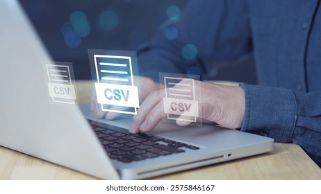 Hands working on a computer keyboard with a CSV document Compliance rules and law regulation policy on virtual screen, documents with checkbox lists