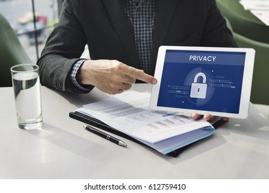 Hands working on digital device network graphic overlay