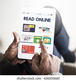 Hands working on digital device network graphic overlay