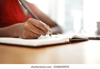 Hands, writing and notes of ideas in planner with schedule for university, research or class. Person, planning and reminder in calendar with deadline info or creative solution to college project