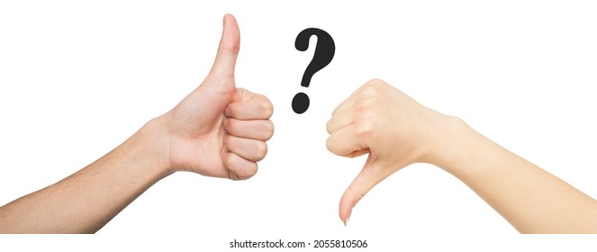 Hands Of Young European Man And Woman Show Gesture, Top Question Mark, Isolated On White Background, Collage. Two People Making Hand Sign Thumbs Up And Thumbs Down, Yes Or No, Like Or Dislike Concept