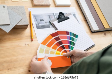 Hands of young female designer of interior holding color palette over desk while choosing suitable one for new order of client - Powered by Shutterstock