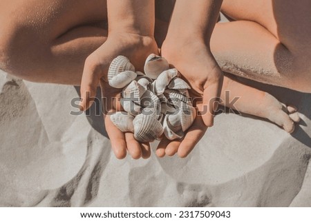 The hands of a young girl hold a bunch of shells sitting on the beach sand close up.