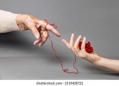 Hands Of A Young And An Senior Woman Reach Out To Each Other, Connected By A Red Thread. Gray Background. The Concept Of Alzheimer's Disease