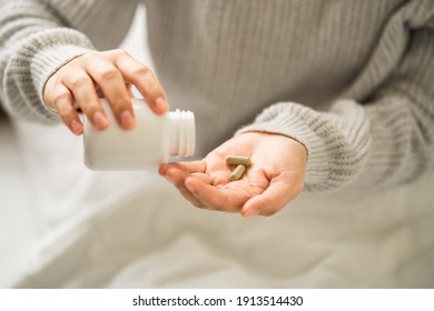 Hands Young Women Holding Medical Capsules, Female Taking Supplement Product Or Vitamin Type Capsule. 