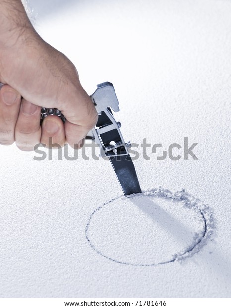 Handsaw Cutting Circular Hole Ceiling Tile Stock Photo Edit Now