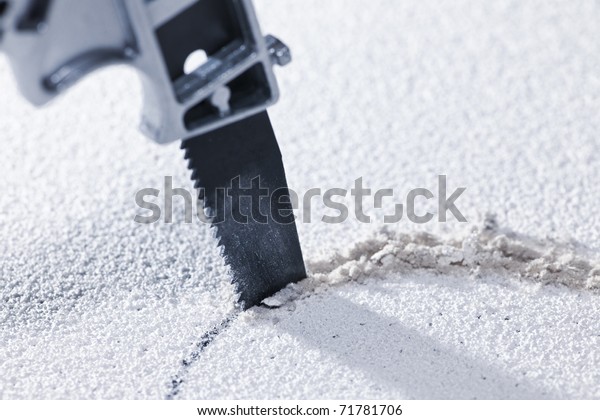 Handsaw Cutting Circular Hole Ceiling Tile Stock Photo Edit