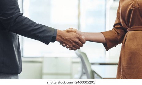 Handshake, agreement and deal with business people in office for meeting, contract and opportunity. Partnership, job promotion and teamwork with employee shaking hands for welcome, hello and b2b - Powered by Shutterstock