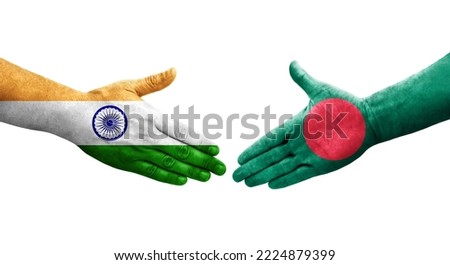 Handshake between Bangladesh and India flags painted on hands, isolated transparent image.