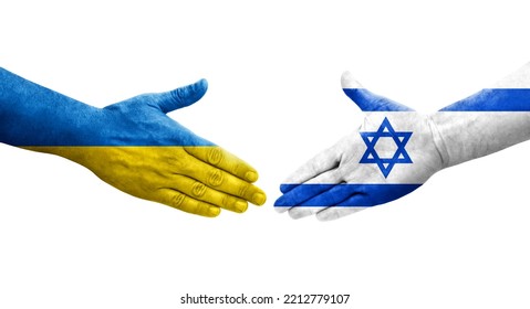 Handshake between Israel and Ukraine flags painted on hands, isolated transparent image.