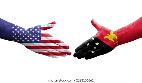 Handshake between Papua New Guinea and USA flags painted on hands, isolated transparent image. - Powered by Shutterstock