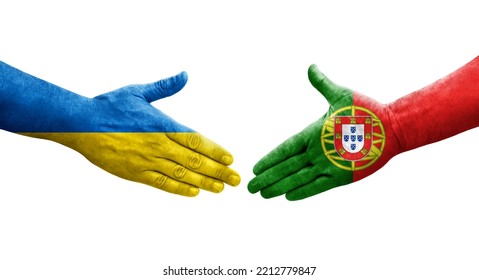 Handshake between Portugal and Ukraine flags painted on hands, isolated transparent image.
