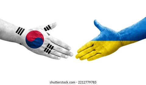 Handshake between South Korea and Ukraine flags painted on hands, isolated transparent image.