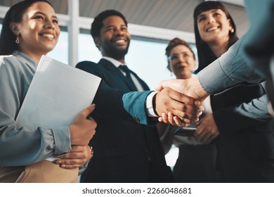 Handshake, business people and diversity partnership, collaboration or b2b welcome, thank you and meeting success. People shaking hands in job interview, career promotion or hiring deal in emoji sign