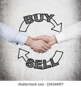 Handshake and a choice to 'sell or buy'. A concept of trading. 