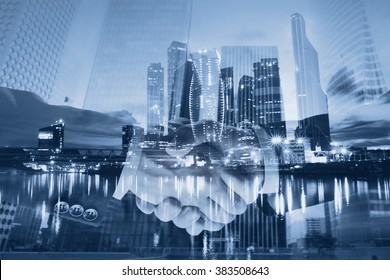 Handshake Double Exposure, Business Deal And Collaboration Concept, Modern City Skyline