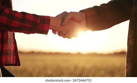 handshake farmers business contract. agriculture business farm concept. handshake business contract of two farmers close-up. handshake workers in field with wheat lifestyle at sunset - Powered by Shutterstock