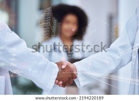Handshake, future and collaboration of doctors in labcoats shaking hands making deal in partnership. Trust and support for medical professionals greeting and meeting with city building reflection