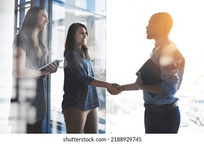 Handshake greeting between business women, entrepreneur and accountant banker with tablet and portfolio. Happy female and male corporate professionals meeting, welcoming or making deal on investment - Shutterstock ID 2188929745