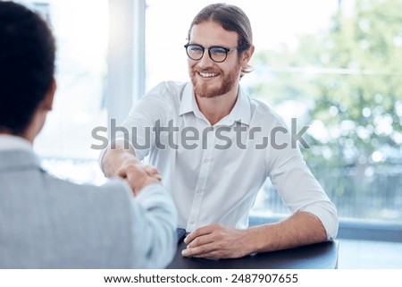 Handshake, interview and business people in office with welcome for meeting, job opportunity or recruitment. Hiring, human resources and candidate shaking hands for greeting, onboarding or employment