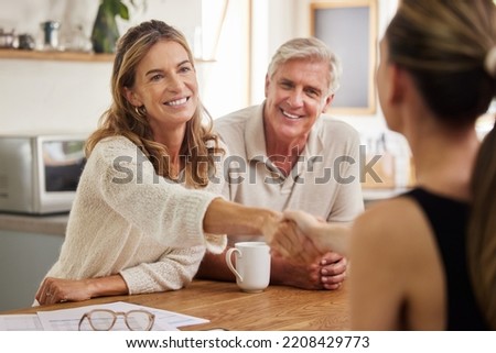Handshake, life insurance and senior couple with lawyer for mortgage tax bills, property and financial investment. Finance, inheritance and old woman shaking hands with realtor for a successful deal