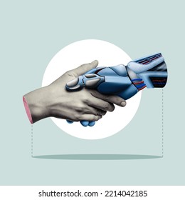 Handshake of man and robot. Modern technologies. Art collage. - Shutterstock ID 2214042185