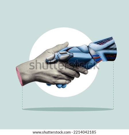 Handshake of man and robot. Modern technologies. Art collage.