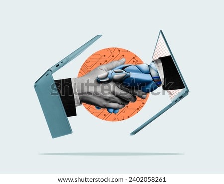 Handshake of man and robot. Modern technologies. Art collage.