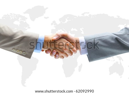 Handshake with map of the world in background