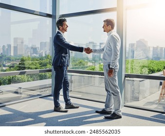 Handshake, meeting and business men with introduction for thank you, welcome or greeting in office. Lens flare, commercial realtor and client shaking hands for agreement, b2b deal or acquisition - Powered by Shutterstock