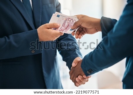 Handshake, money and business for corruption, sale transaction and pay worker with cash. Closeup, corrupt male hands and bribery for illegal service, bribe for contract agree and unlawful wealth.
