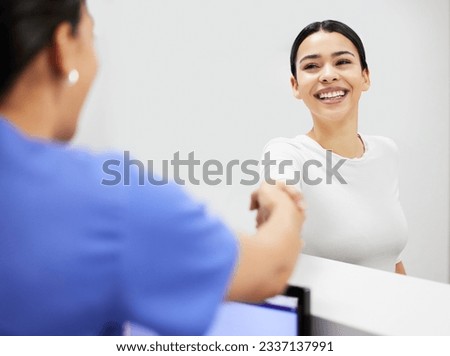Handshake, nurse and woman at clinic reception, healthcare service and talking, questions or health consultation. Consulting, welcome and doctor or people at help desk for insurance survey or advice