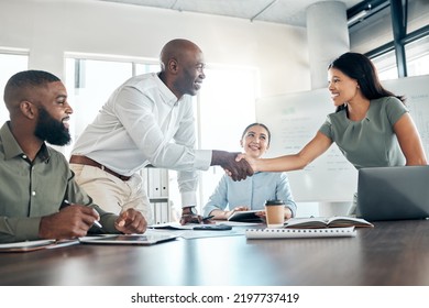 Handshake, office diversity and meeting welcome for company onboarding or partnership together. Introduction, agreement and negotiation with workforce people in corporate company boardroom. - Shutterstock ID 2197737419