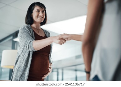 Handshake, pregnant woman and business people in office, partnership with cooperation for project. Interview, pregnancy and candidate shaking hands, collaboration and recruitment with maternity leave - Powered by Shutterstock