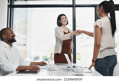 Handshake, pregnant and woman with smile, welcome and art director in meeting, stomach and creative. Greeting, professional and shaking hands with coworker, ambitious and empowerment in business - Powered by Shutterstock