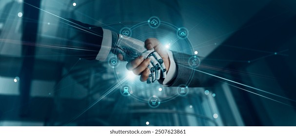 
Handshake of robot and human, AI, Machine learning, AI adoption for working to Assistant of business, Data digital Transformation, Science and artificial intelligence technology for futuristic.