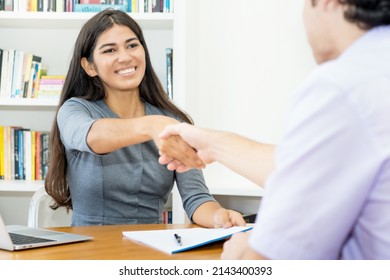 Handshake Of South American Business Trainee After Succesful Job Interview At Office