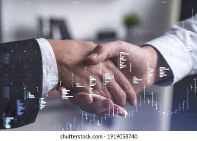 A Handshake As A Symbol Of Successful Transaction On Brokerage Services At International Investment Bank. Capital Market, Stock Trading. Financial Hologram Chart. Women In Business.