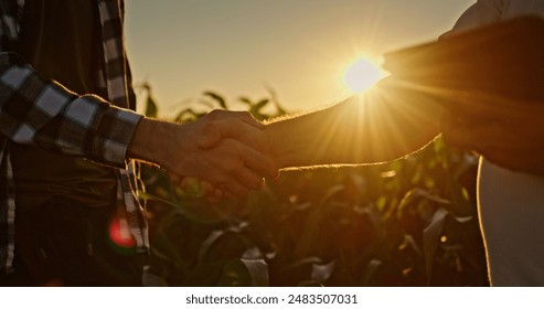 Handshake of two farmers against a cornfield at sunset. - Powered by Shutterstock