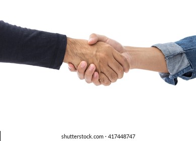 Handshake Of Two Men In Casual Clothes - Isolated On White Background