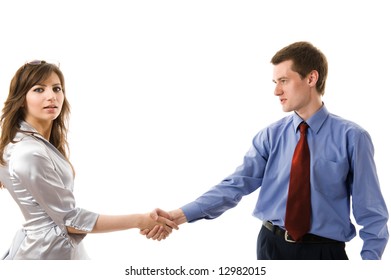 Handshake. The Union Of Young Business Man And Bussiness Woman. Isolated Over White